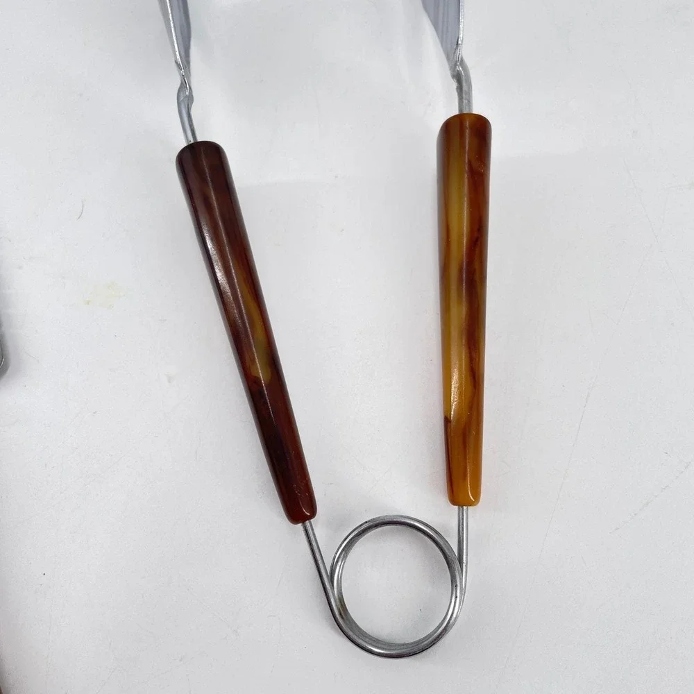 Vtg Bakelite Serving Set Cake Breaker Slicer Tongs faux tortoise shell